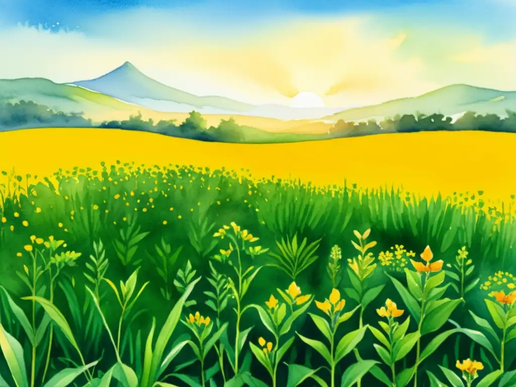 Ilustración acuarela de campo de cúrcuma vibrante Un campo de cúrcuma bañado por la cálida luz del sol evoca serenidad y bienestar