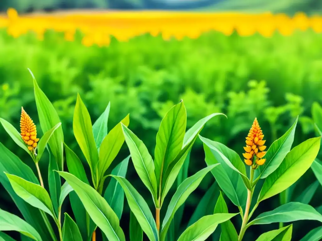 Campo de cúrcuma: ilustración acuarela serena Campo de cúrcuma en flor bajo el sol brillante, evocando tranquilidad y belleza natural
