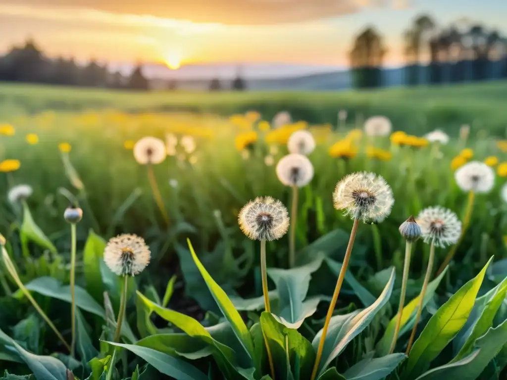 Un campo de dientes de león vibrante y detallado en acuarela, bañado por la cálida luz del atardecer