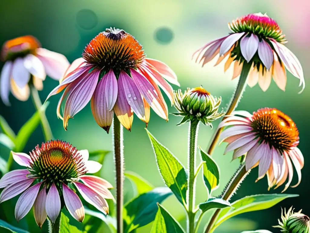 Un campo exuberante de equináceas moradas en plena floración, con rocío brillante y vida silvestre