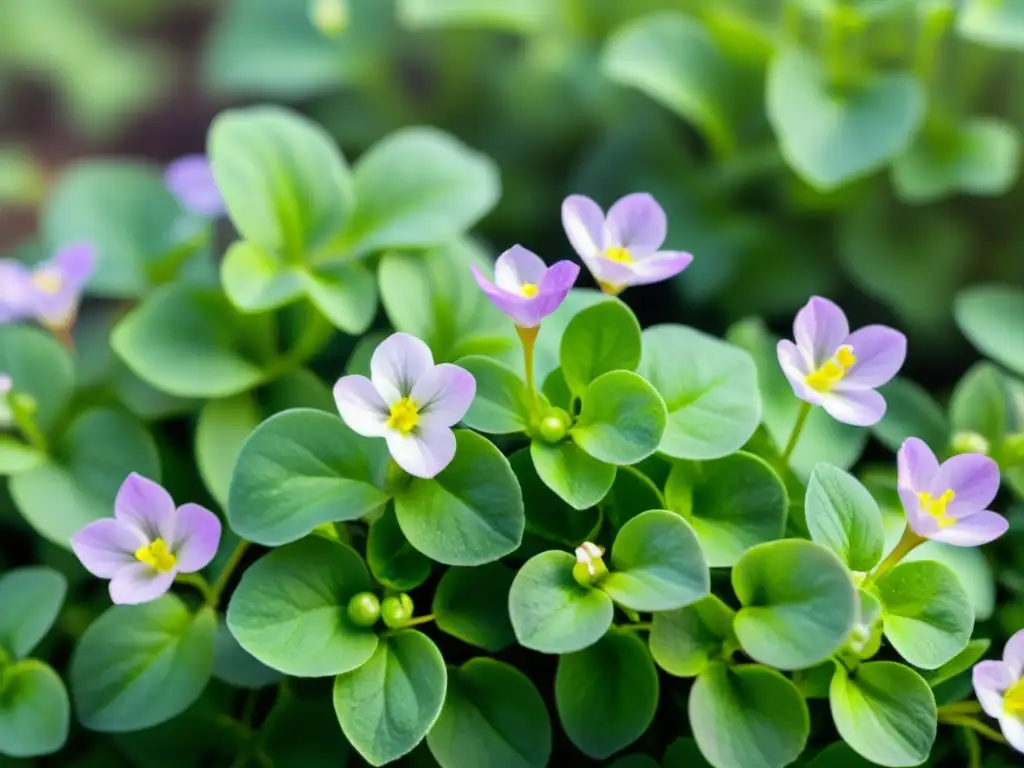 Un campo exuberante de Bacopa Monnieri con flores moradas, bañado por la luz del sol, evocando serenidad y belleza natural