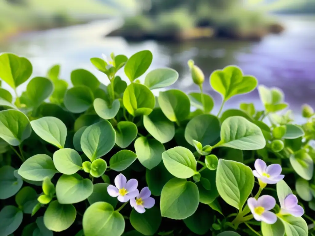 Un campo exuberante de Bacopa Monnieri con flores moradas y hojas redondas, bañado por la luz del sol con un río sereno al fondo