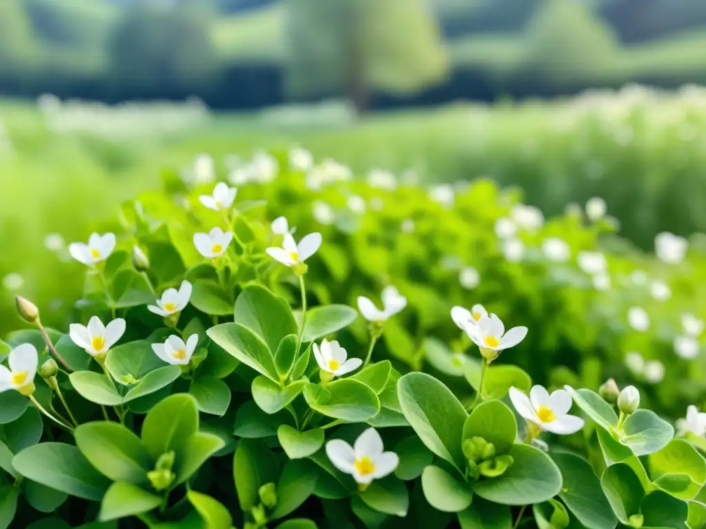 Bacopa Monnieri en ilustración acuarela de un campo exuberante, con flores en plena floración y abejas revoloteando