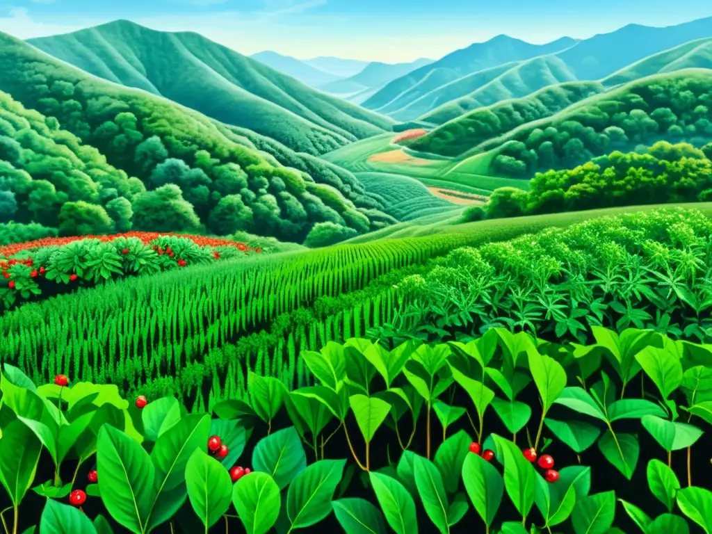 Un campo exuberante de ginseng con hojas verdes vibrantes y bayas rojas brillantes, rodeado de colinas y cielo azul