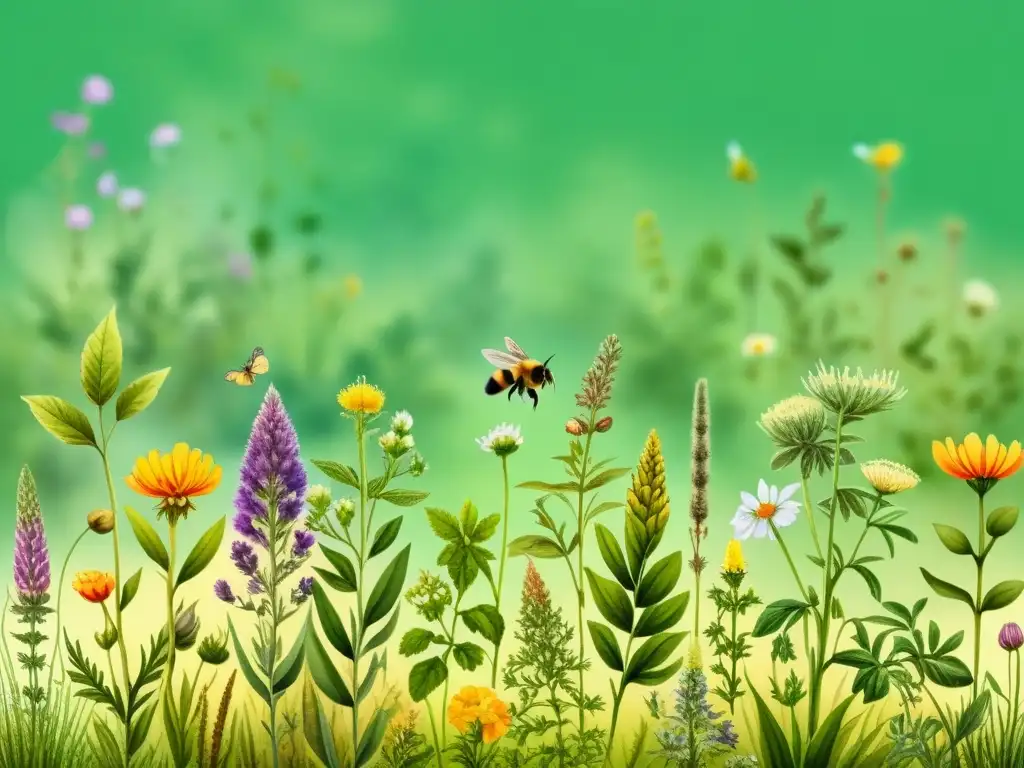 Un campo exuberante con hierbas curativas en todas las etapas de su ciclo de vida, abejas y mariposas añaden movimiento