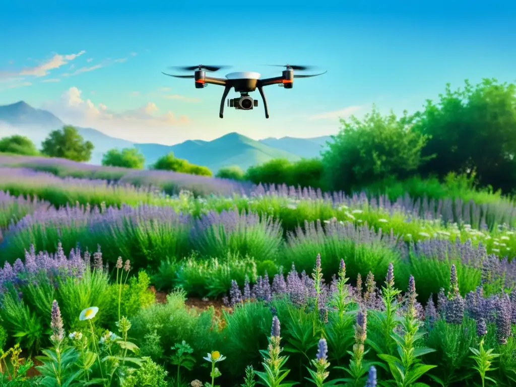 Un campo exuberante de hierbas medicinales se extiende bajo un cielo azul claro, mientras un dron captura la escena