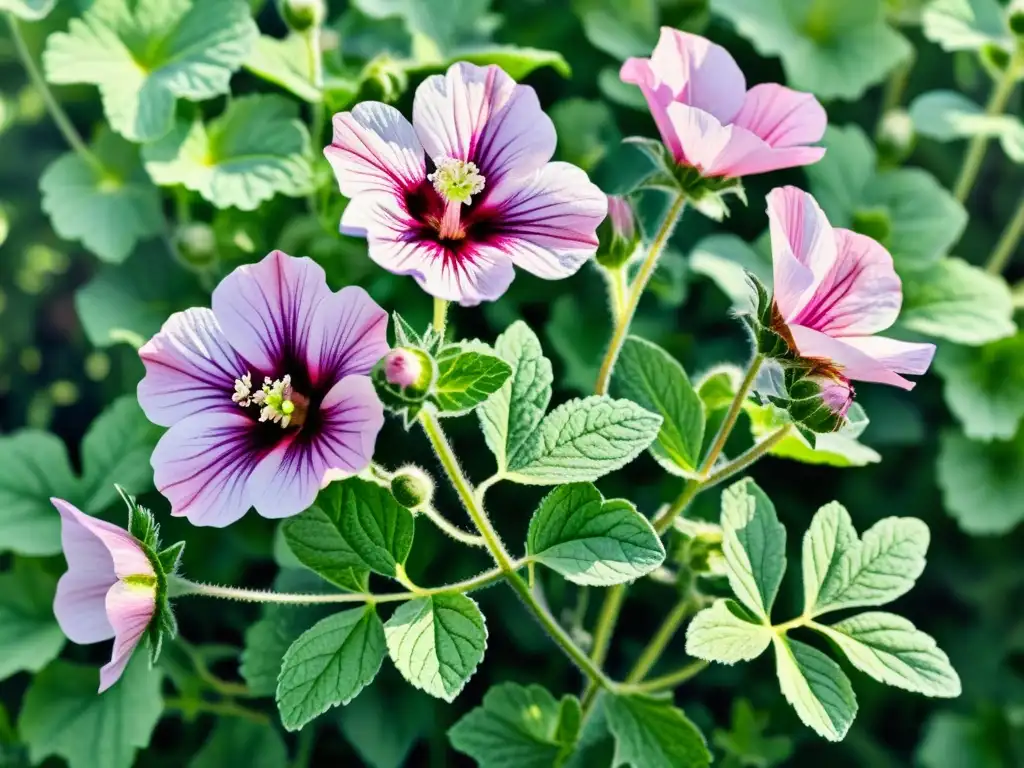 Un campo exuberante de malvas en flor, con pétalos rosados y morados y hojas verdes