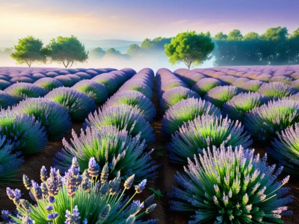 Un campo exuberante de plantas de lavanda transgénicas se extiende hasta el horizonte, creando una atmósfera etérea que combina ciencia y naturaleza