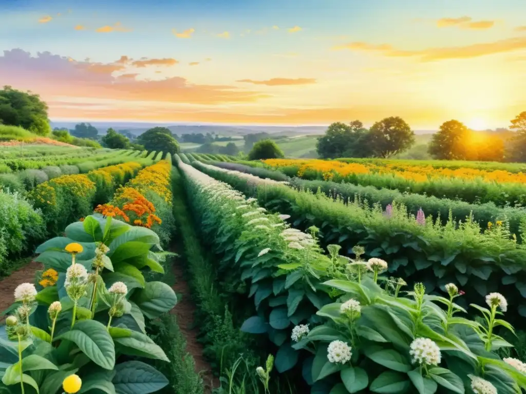 Un campo exuberante de plantas medicinales con fitohormonas naturales, bañado por la cálida luz del atardecer, lleno de vida y vitalidad