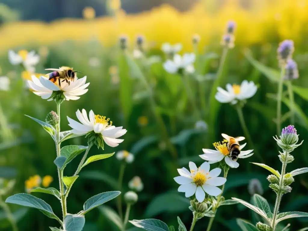 Campo exuberante de plantas medicinales bañado por la suave luz dorada del atardecer