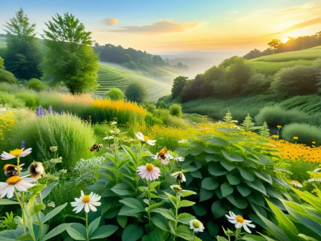 Campo de plantas medicinales: belleza natural y vitalidad Un campo exuberante de plantas medicinales con detalles en acuarela