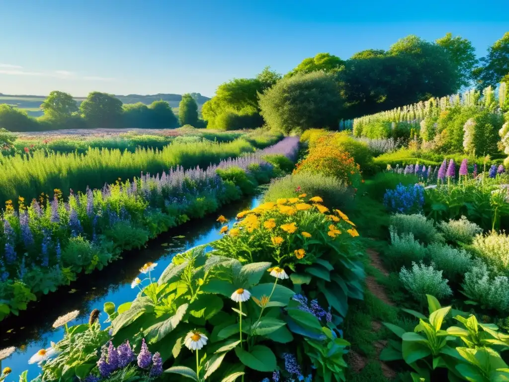 Un campo exuberante de plantas medicinales se extiende hasta el horizonte, bañado por la luz del sol