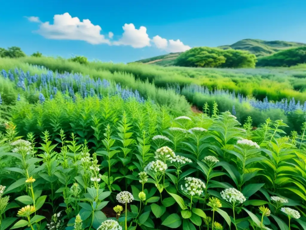 Un campo exuberante de plantas medicinales se extiende hasta donde alcanza la vista, capturando su belleza en acuarela