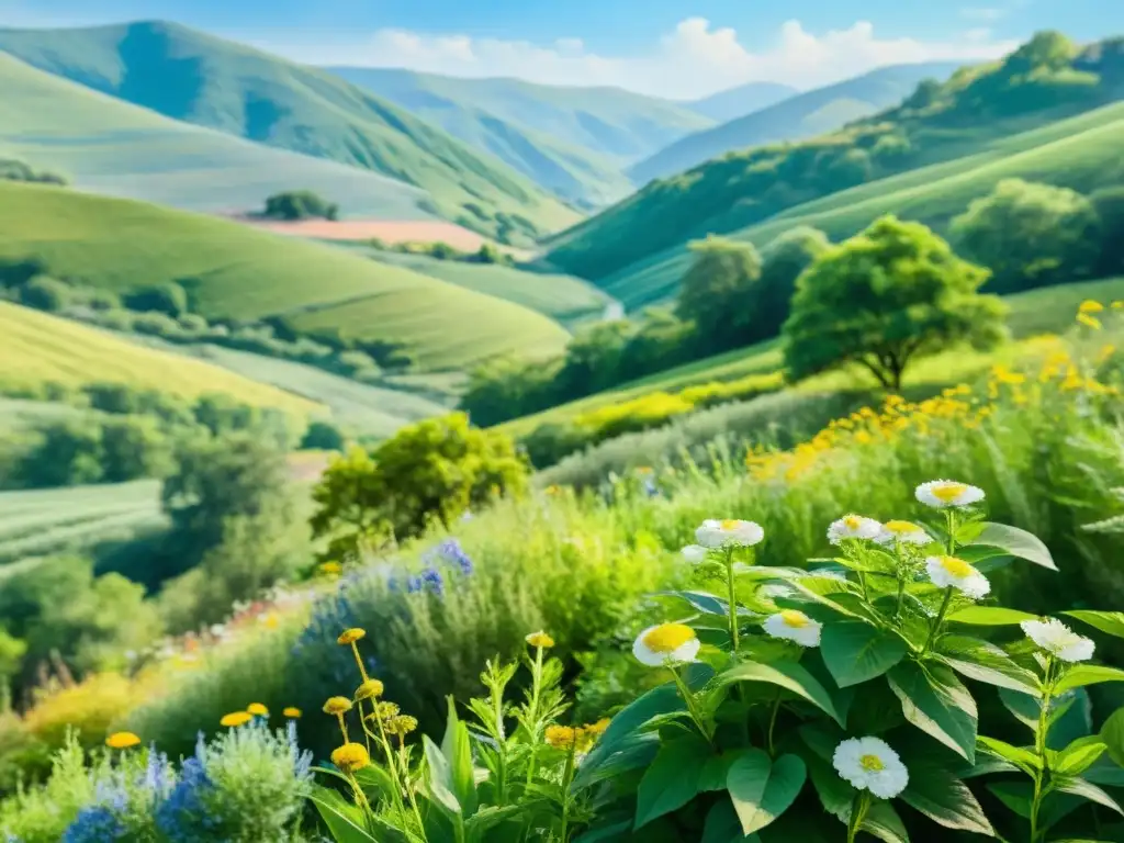 Campo exuberante de plantas medicinales de calidad, bajo el sol y el cielo azul