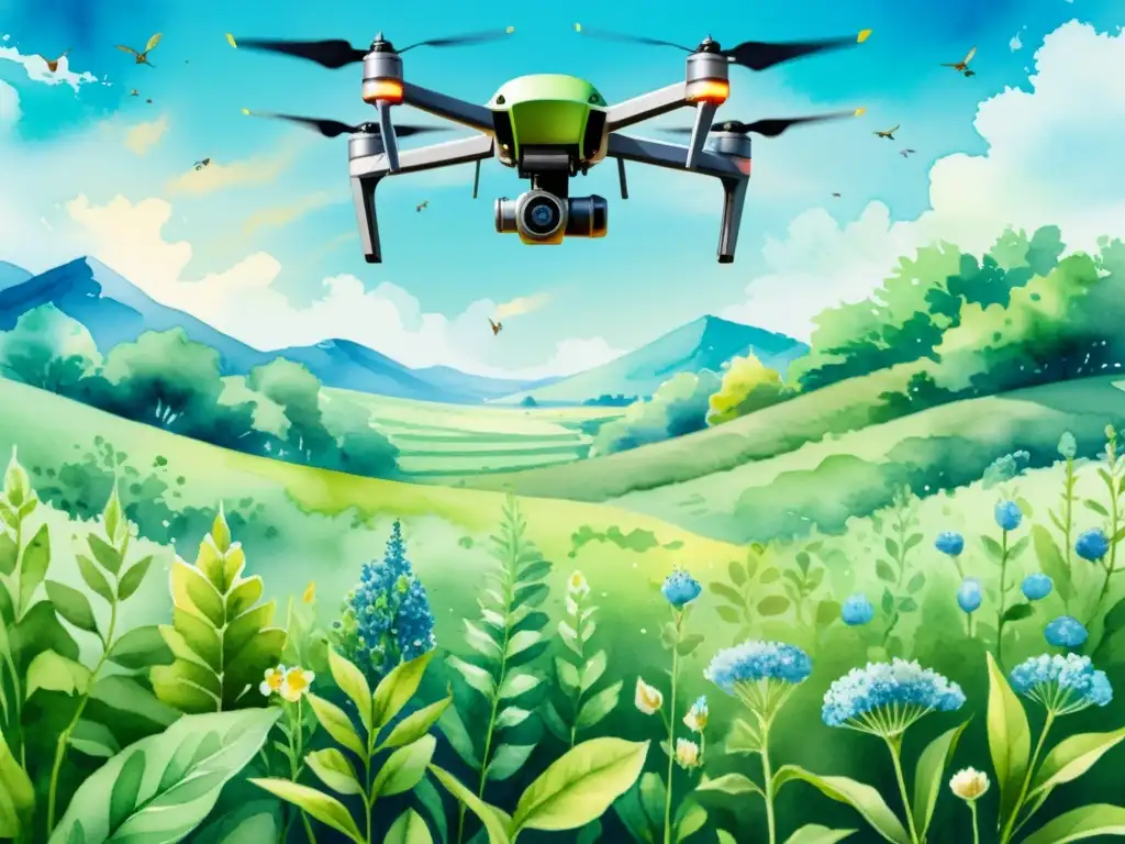 Un campo exuberante de plantas medicinales es monitoreado por un dron en una ilustración acuarela