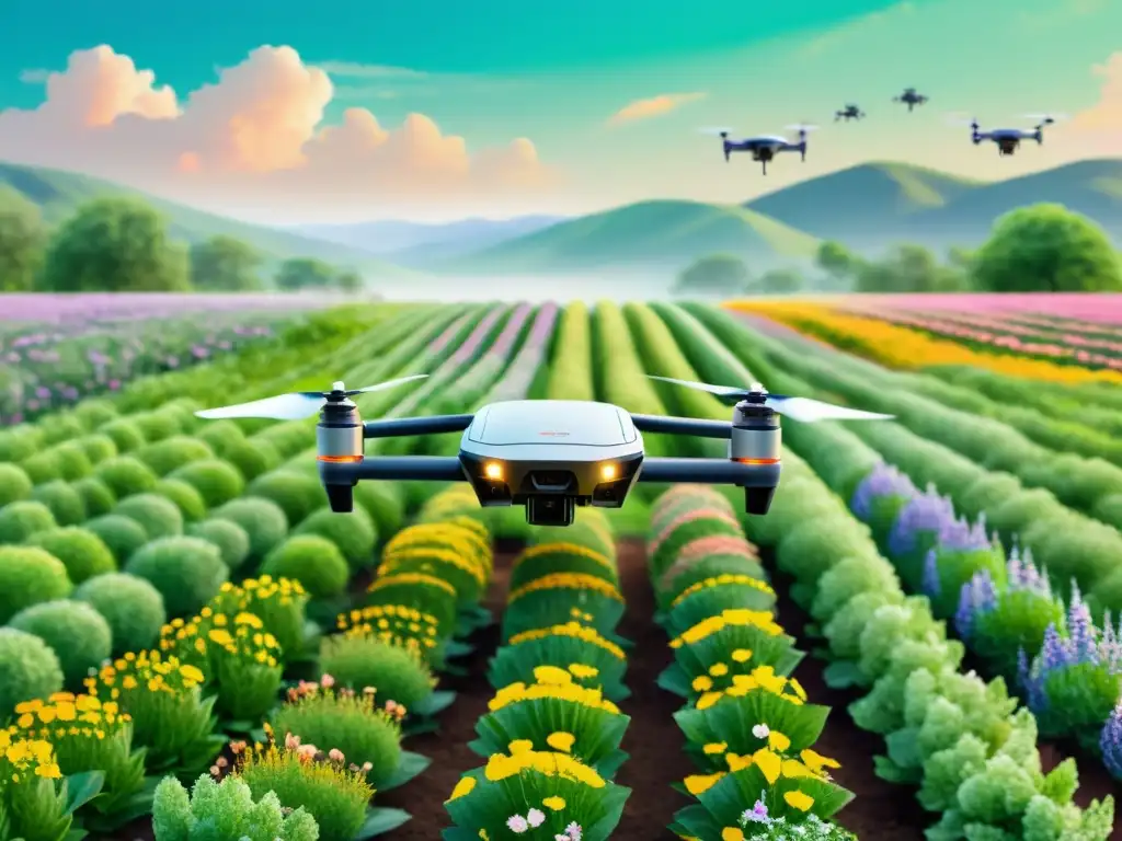 Un campo exuberante de plantas medicinales es monitorizado por un dron futurista