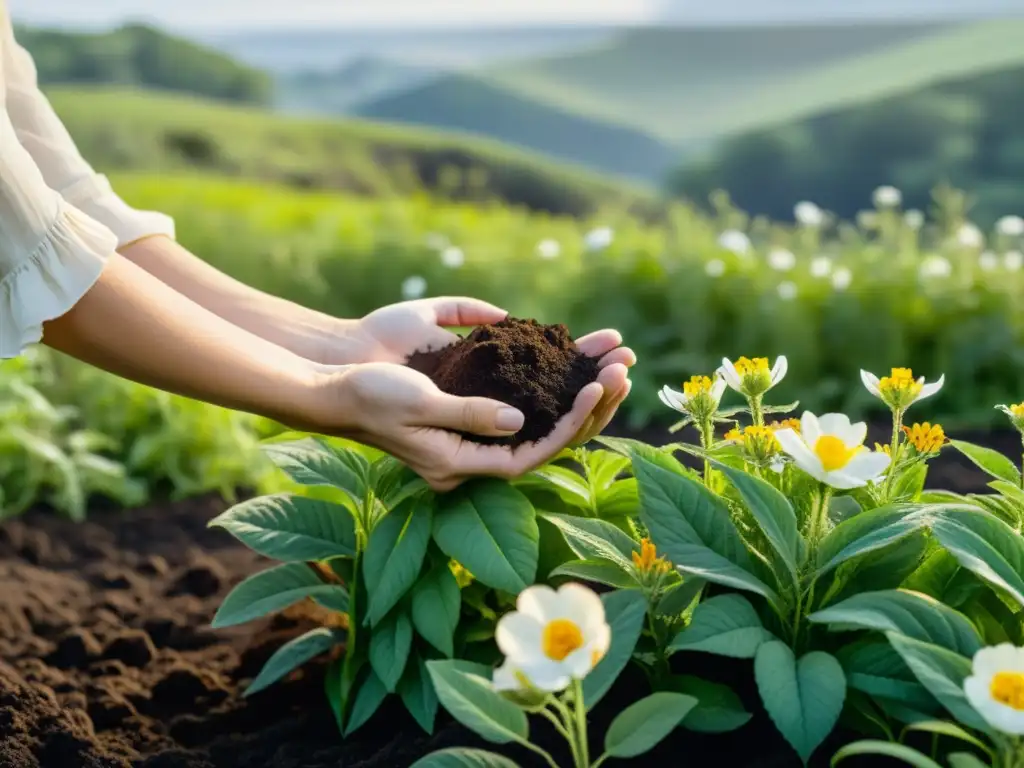 Un campo exuberante de plantas medicinales se extiende hacia el horizonte, bañado por el cálido sol