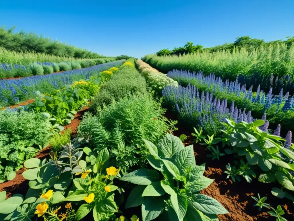 Campo exuberante de plantas medicinales de calidad, bajo cielo azul y suelo fértil, irradiando tranquilidad y abundancia natural