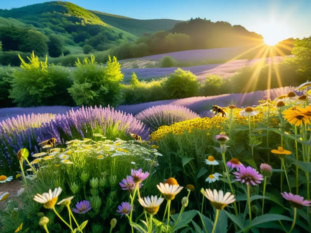 Un campo exuberante y vibrante, con hierbas medicinales en flor y abejas revoloteando