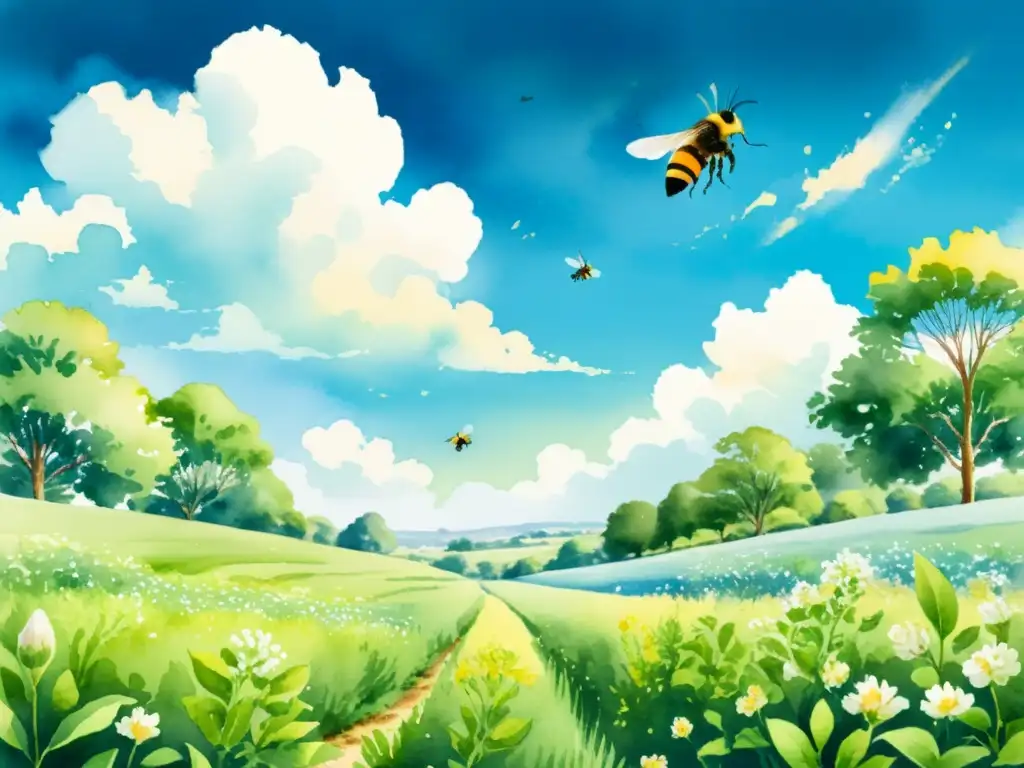 Campo de fenogreco en flor, cielo azul y abejas