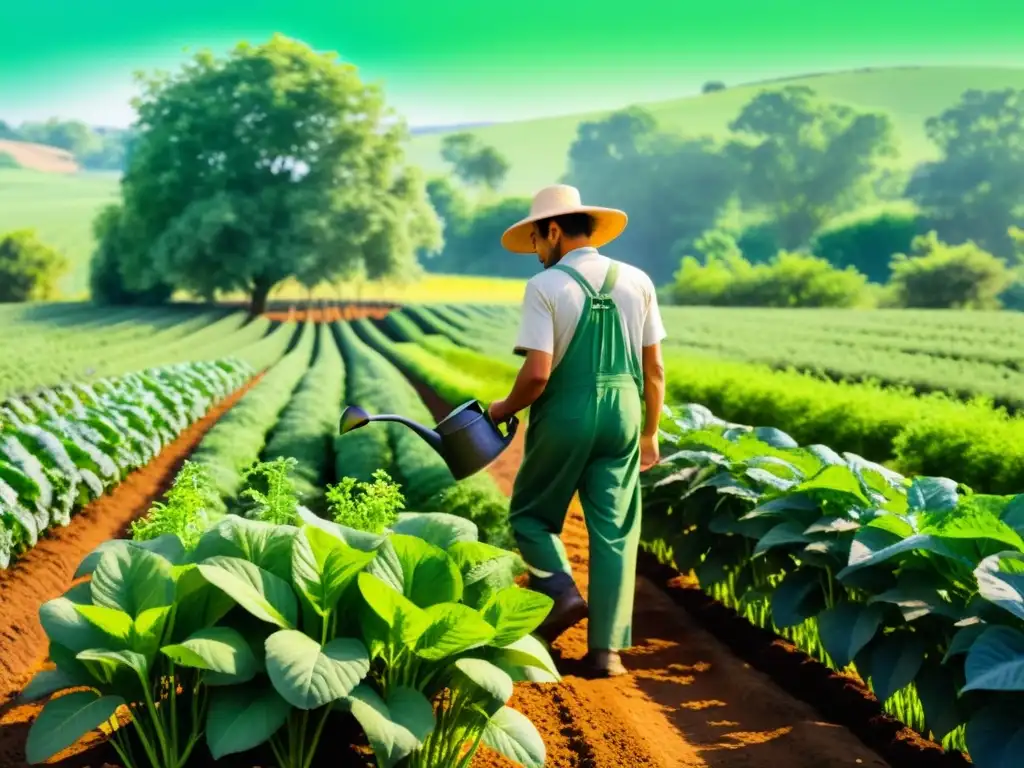 Un campo de hierbas verde exuberante con un agricultor cuidadoso