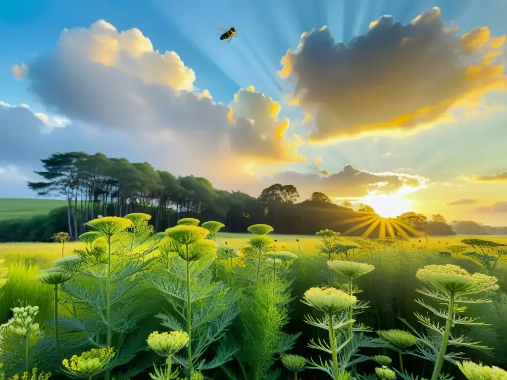 Campo de hinojo con luz dorada, abejas y mariposas entre las plantas