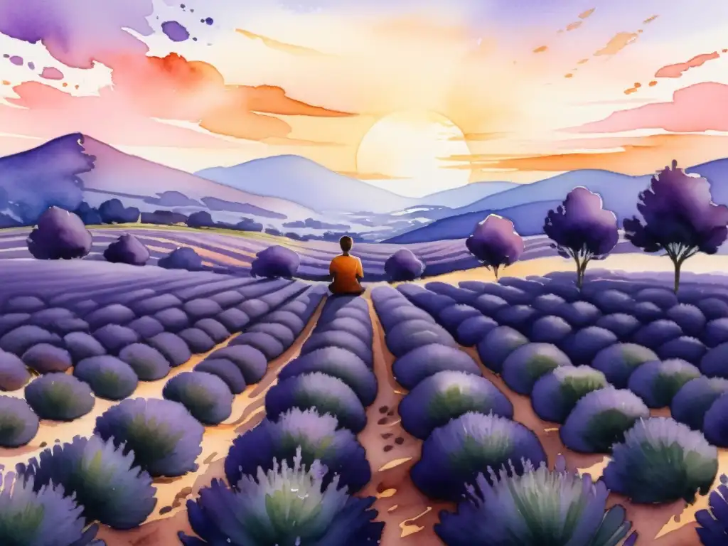 Un campo de lavanda al atardecer, con un cielo cálido y una figura meditando