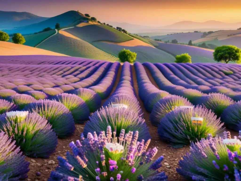 Campo de lavanda al atardecer, con flores moradas bañadas en luz dorada