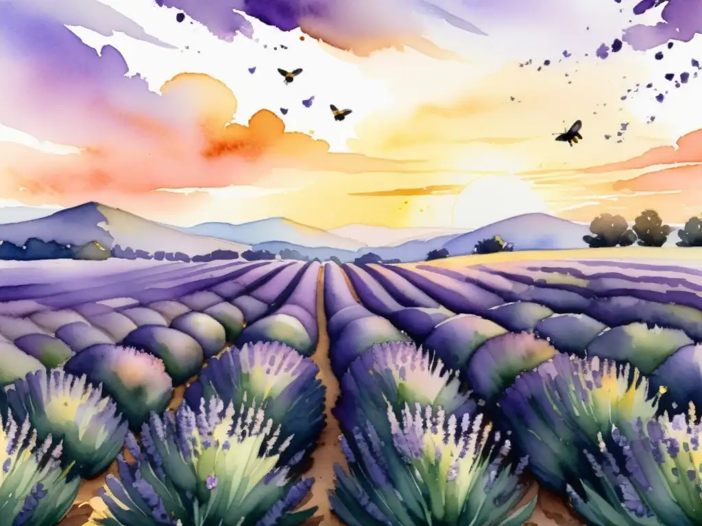 Un campo de lavanda al atardecer, con plantas moradas y la suave luz del sol