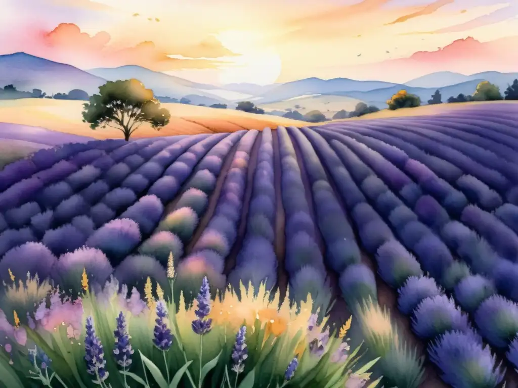 Un campo de lavanda al atardecer, con suaves pinceladas de color rosa, naranja y morado