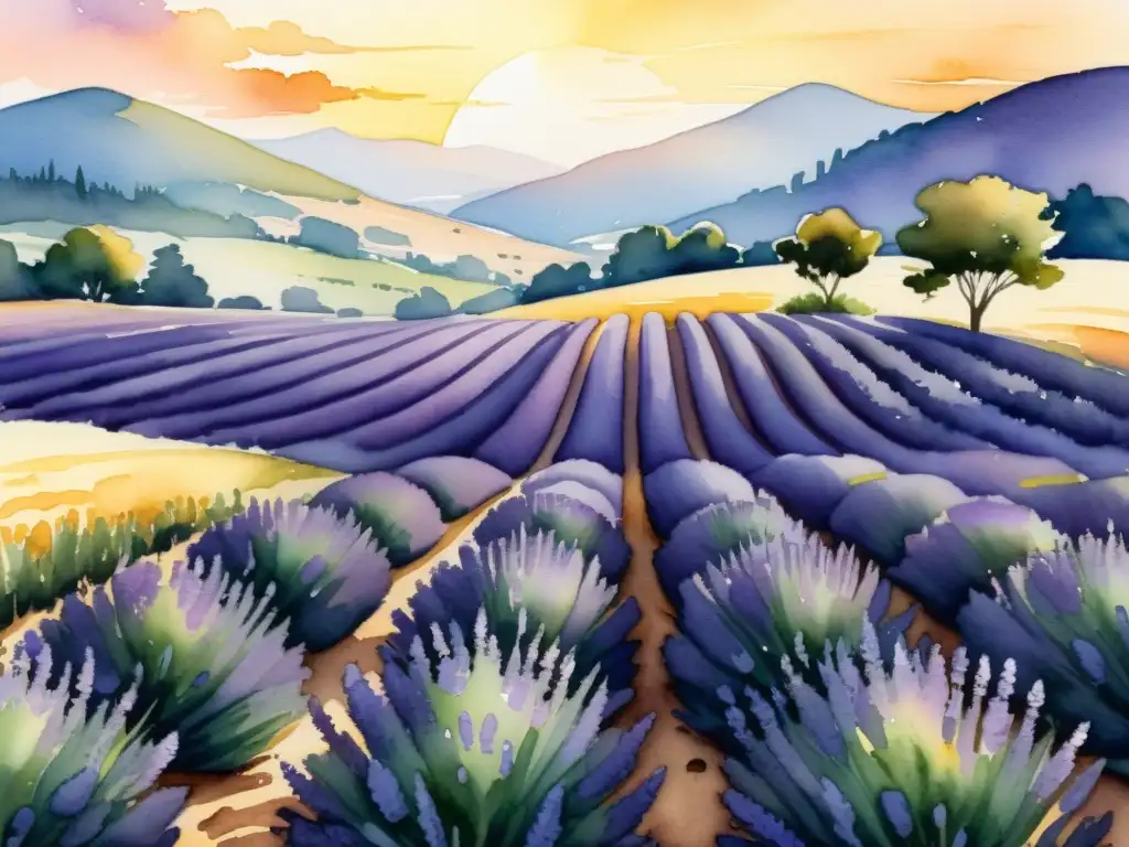 Campo de lavanda al atardecer con usos terapéuticos de la lavanda, abejas y mariposas entre las flores moradas y colinas doradas