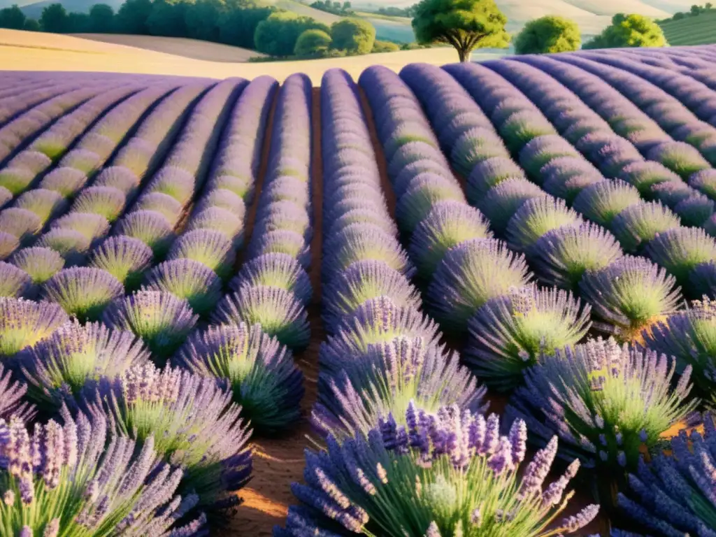 Un campo de lavanda bañado por la cálida luz dorada del atardecer, con filas de plantas moradas vibrantes