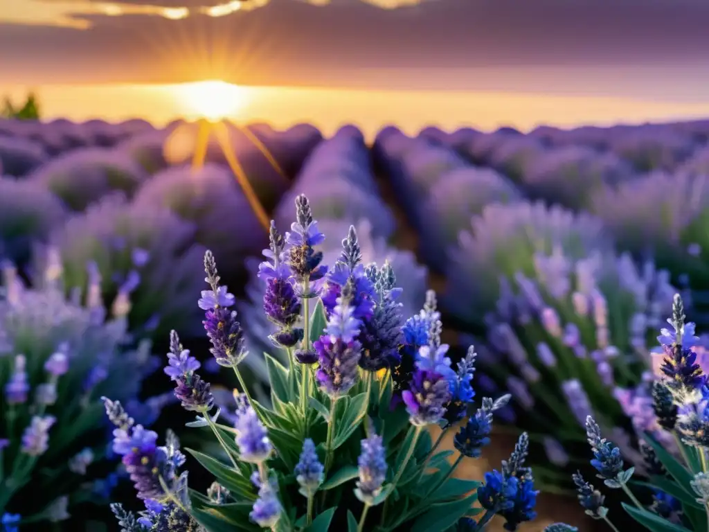 Un campo de lavanda púrpura resplandece bajo el sol dorado, atrayendo abejas