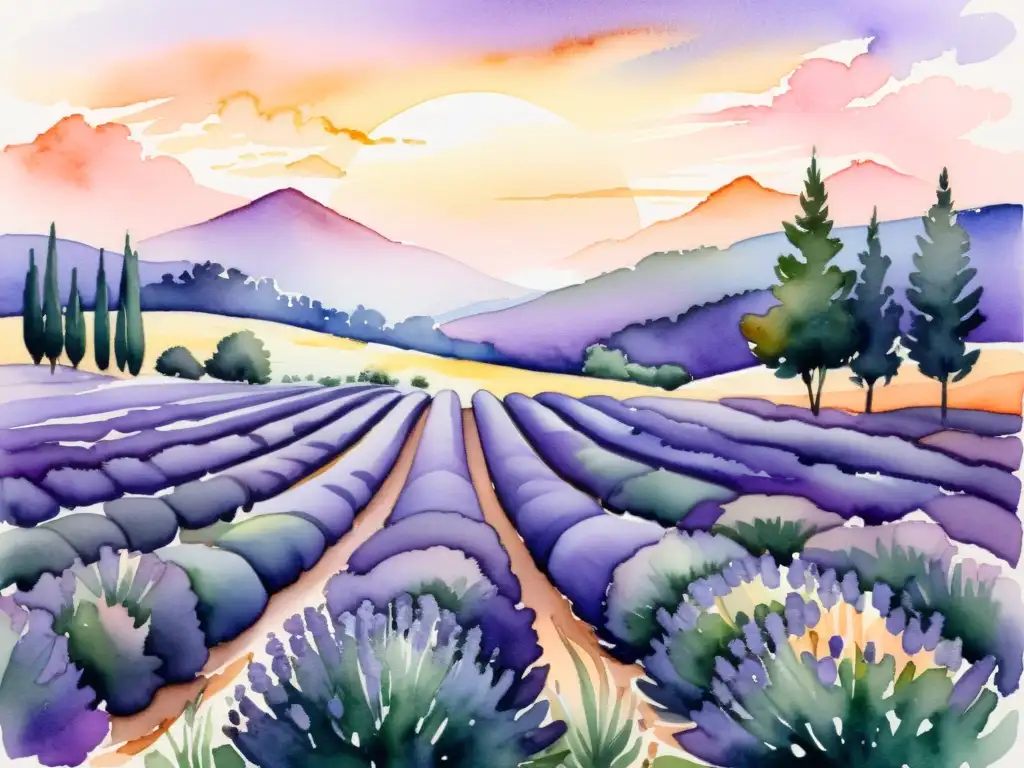 Un campo de lavanda sereno al atardecer, con árboles de ciprés y un arroyo, invita a la aromaterapia para equilibrar emociones