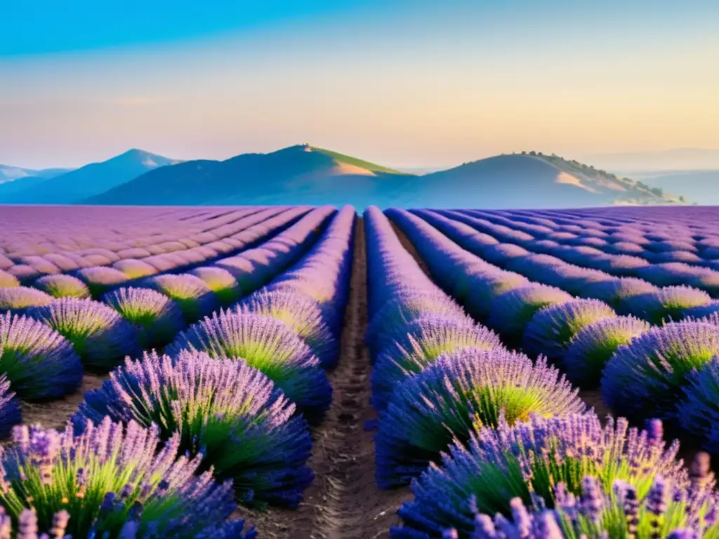 Un campo de lavanda sereno con filas de flores moradas vibrantes bajo un cielo azul