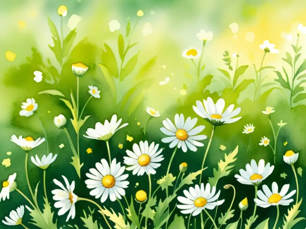 Campo de manzanilla bañado por el sol con abejas y mariposas