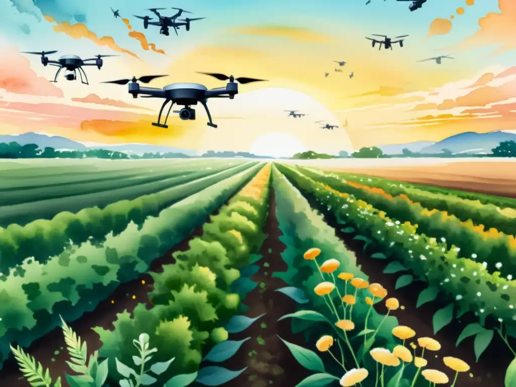 Campo de plantas medicinales monitorizadas por drones al atardecer