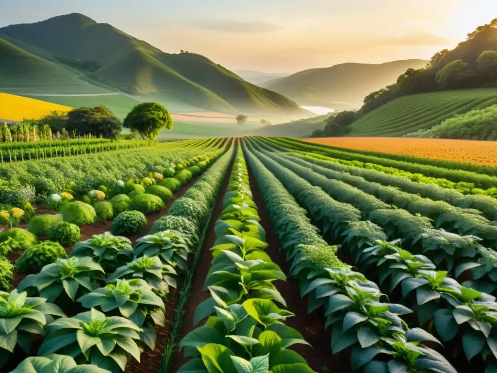 Campo de plantas medicinales, pequeños productores en armonía con la naturaleza al atardecer