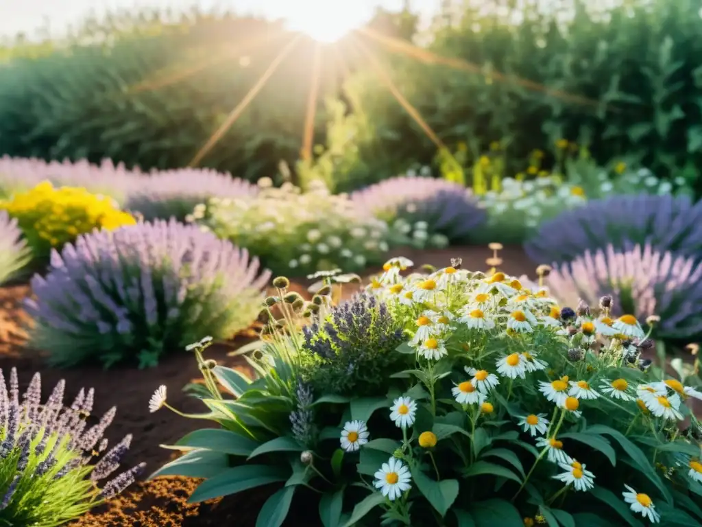 Campo de plantas medicinales regenerativas con tonos tierra y flores pastel, bañado por luz dorada y vida natural