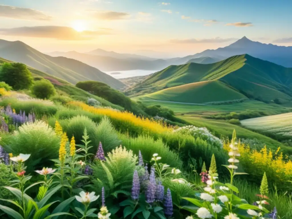 Campo de plantas medicinales vibrante con prácticas de cosecha de plantas medicinales, resplandece en una obra de arte acuarela