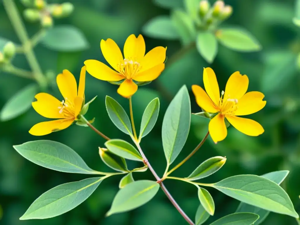 Un campo sereno de brillante Hierba de San Juan con delicadas flores y hojas exuberantes, capturando su belleza natural y propiedades antidepresivas