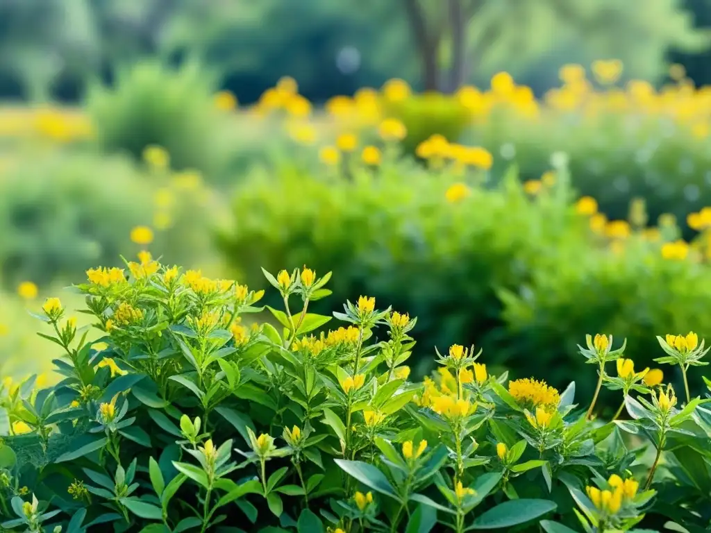 Un campo sereno de hierba de San Juan con flores amarillas y hojas verdes, bañado por la luz del sol