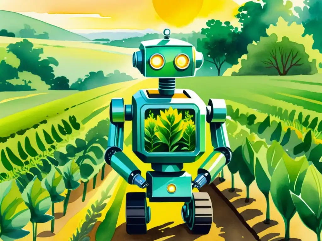 Un campo soleado con un robot de agricultura de plantas medicinales