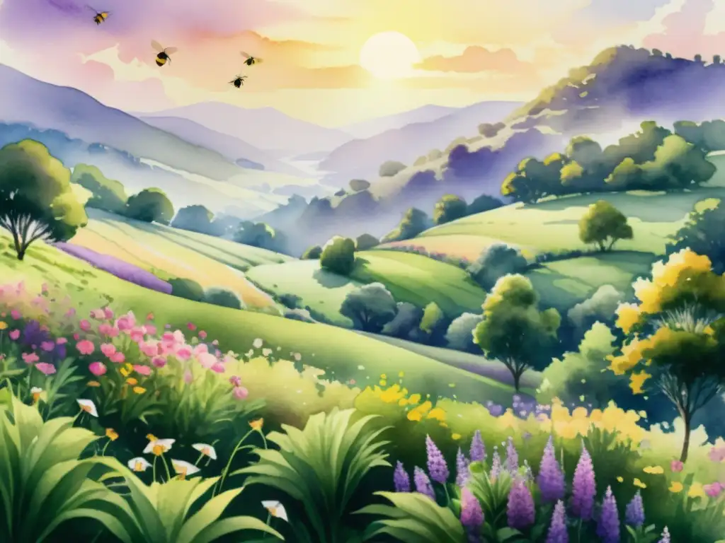 Campo verde exuberante con flores violetas y rosas bardana, bañado por el cálido sol