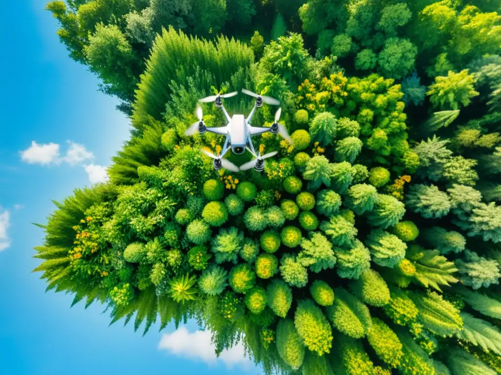 Campo verde exuberante de plantas medicinales con drone capturando imágenes aéreas