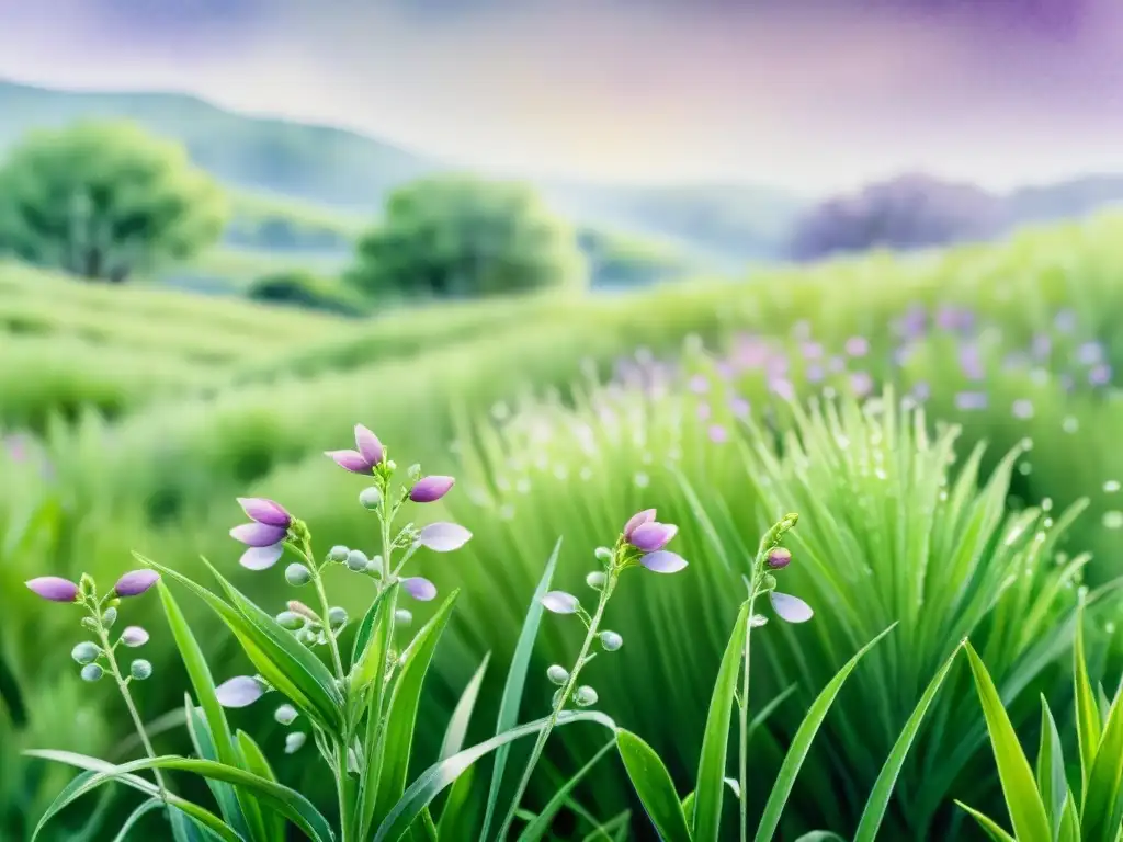 Un campo verde vibrante de Huperzia serrata con flores moradas, rocío matutino y detalles precisos