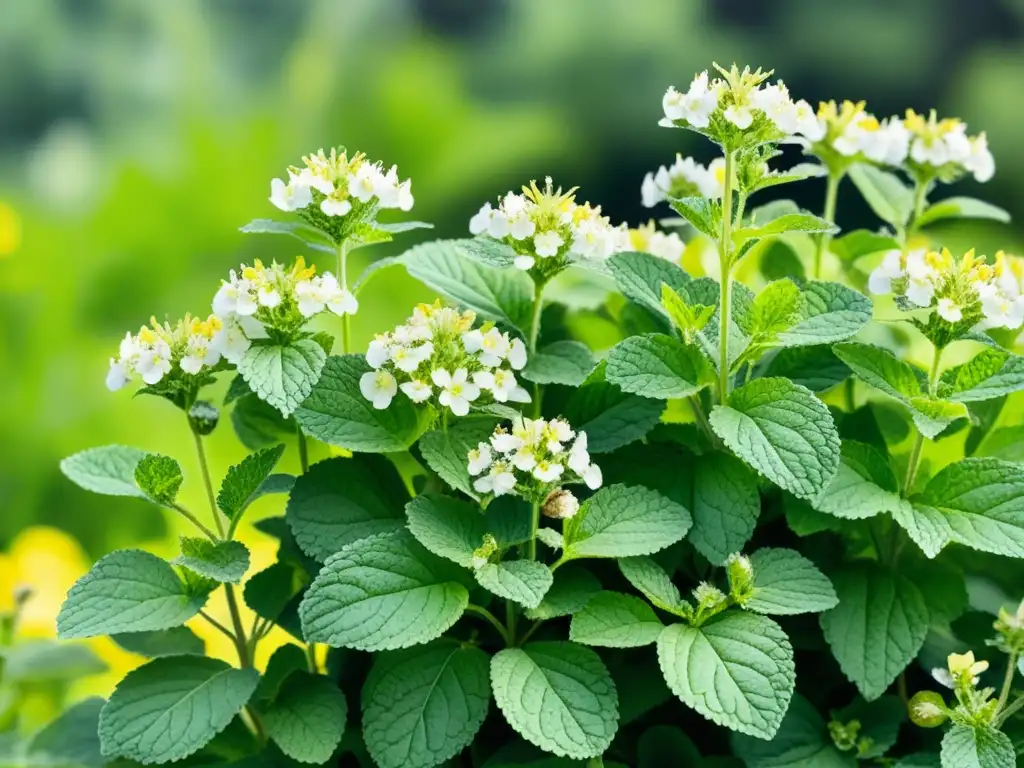 Campo vibrante de melisa en flor, con detalles terapéuticos y abejas revoloteando