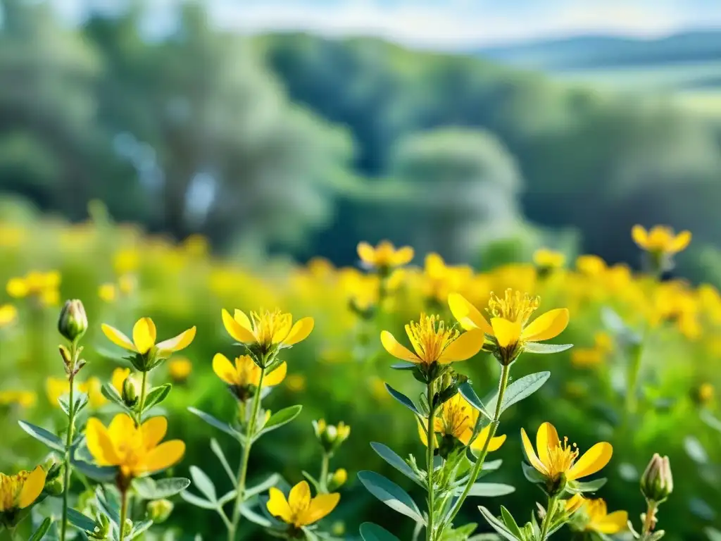 Un campo vibrante de hierba de San Juan, con flores amarillas y tallos verdes, bañado por la cálida luz del sol