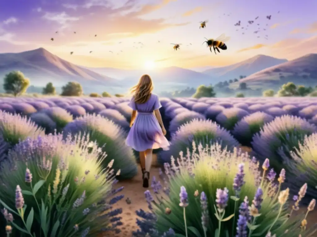 Campos de lavanda en acuarela, con flores moradas suaves y abejas revoloteando