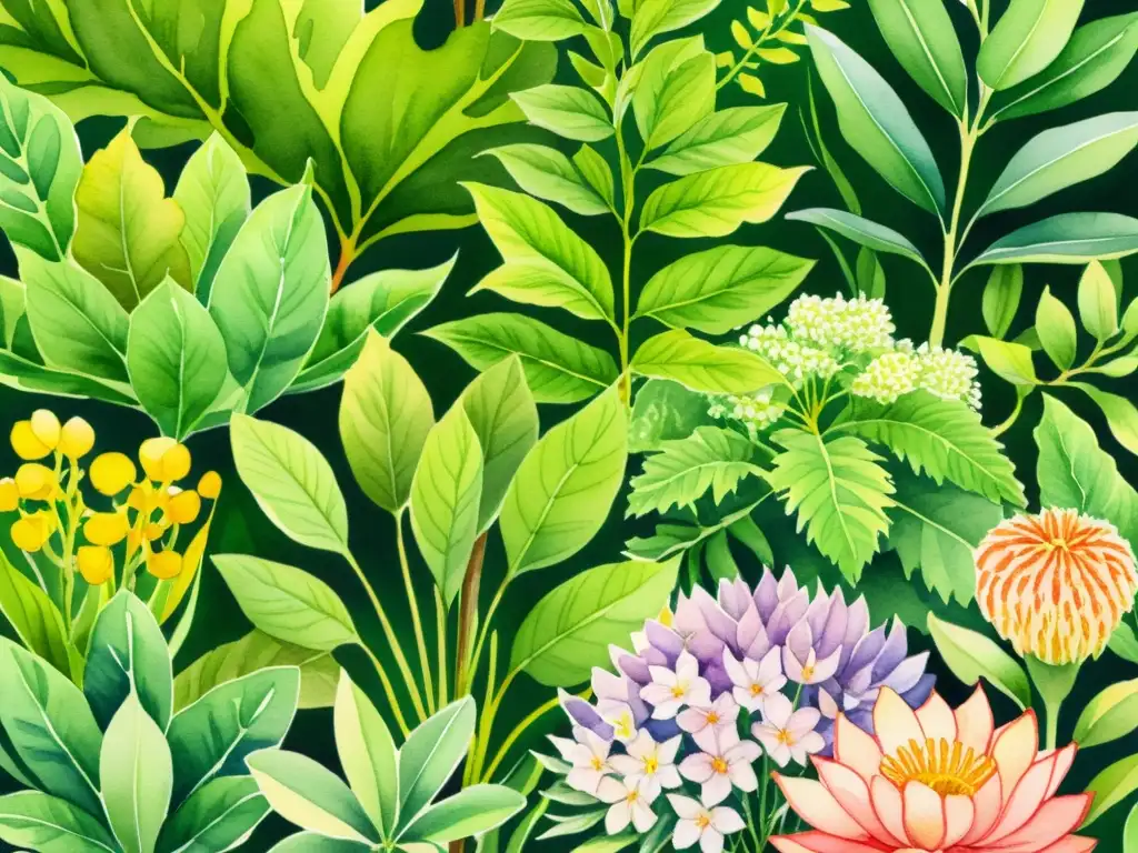 Una cautivadora ilustración de plantas medicinales en un exuberante jardín